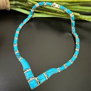 Vintage Mexico Silver 950 Turquoise Inlay Hinged Panel Link Collar Necklace 75g.
